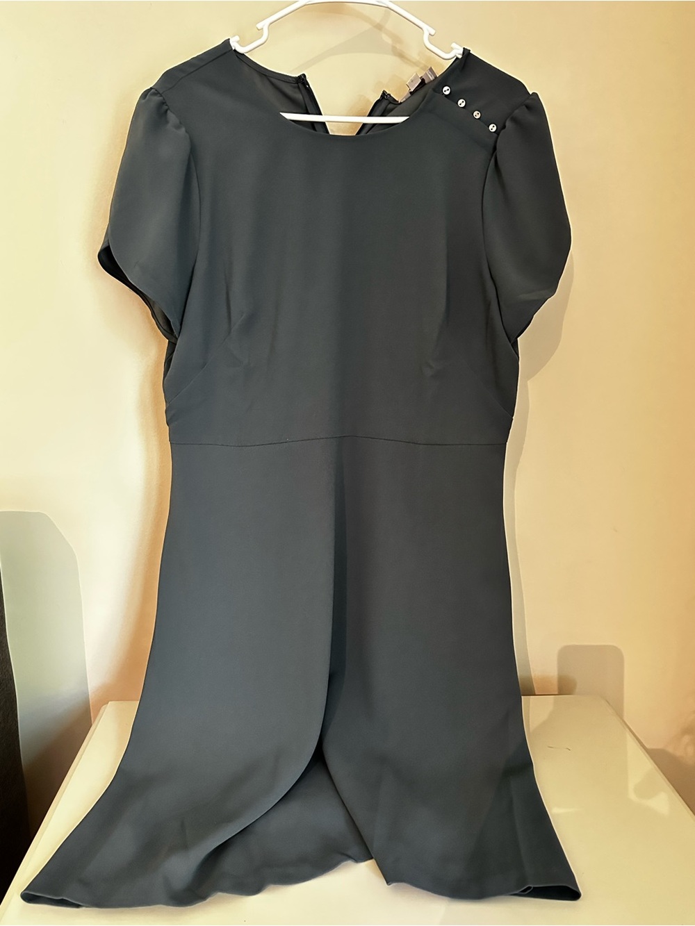 LOFT Slate Blue Short-Sleeve Tunic Dress with Shoulder Button Detail